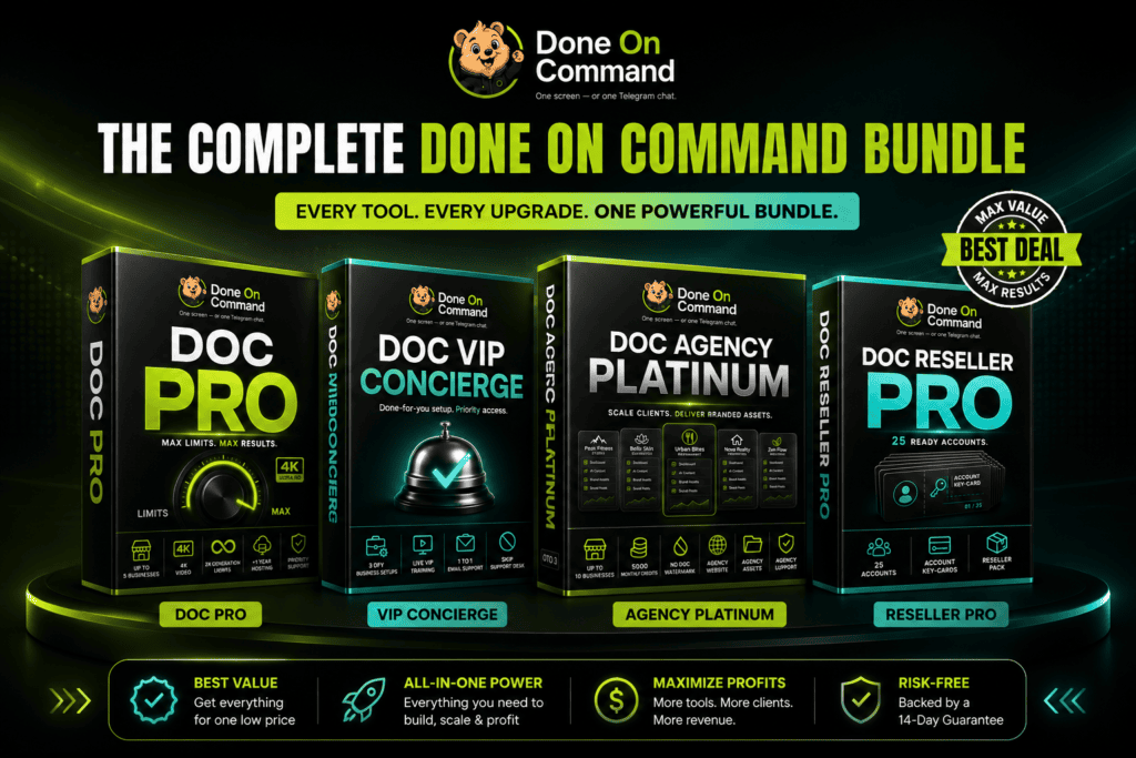 Done On Command complete bundle featuring DOC Pro, VIP Concierge, Agency Platinum, and Reseller Pro upgrades in one package.