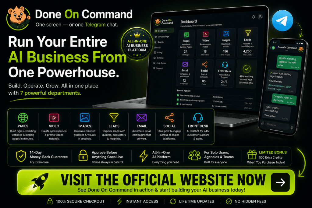 Done On Command final CTA banner with AI business dashboard, Telegram control, seven business departments, 14-day guarantee, and official website button.