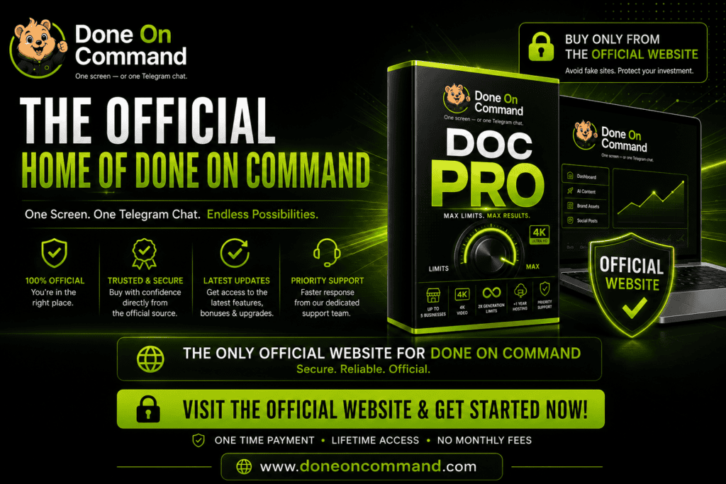 Done On Command official website hero featuring the DOC Pro platform, secure access, latest updates, priority support, and official purchase link.