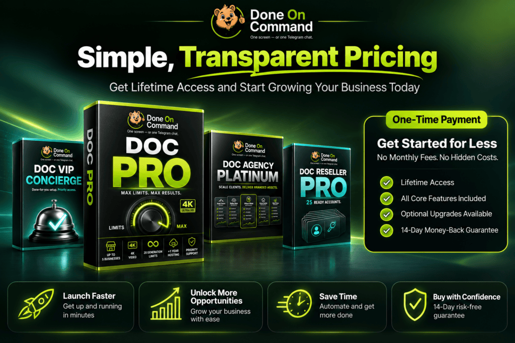 Done On Command pricing page hero showing one-time payment options, lifetime access, optional upgrades, and a 14-day money-back guarantee.