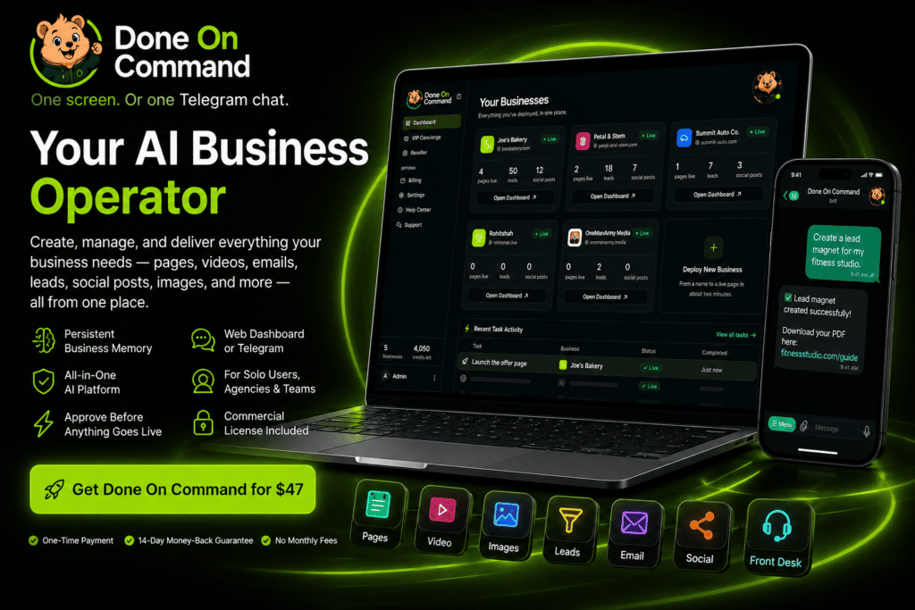 Done On Command AI business operator dashboard with laptop, Telegram control, and tools for pages, video, images, leads, email, social, and chatbot.